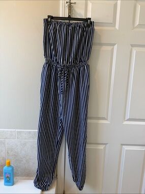 FAVLUX Navy and White Striped Strapless Jumpsuit